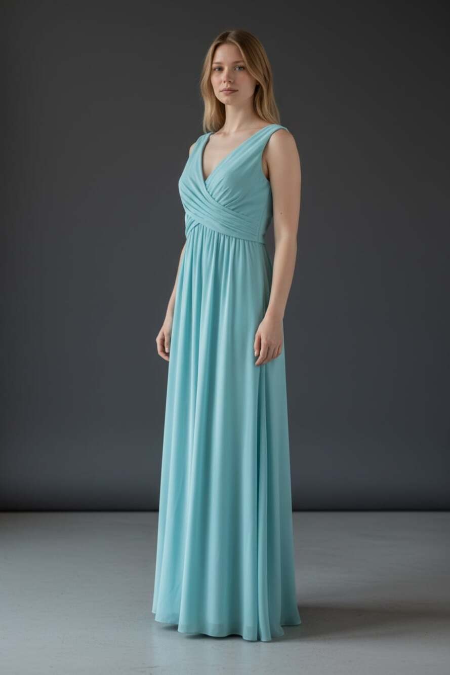 Size 0 David's Bridal Chiffon V-Neck Gown with Cowl Back and Ruched Bodice